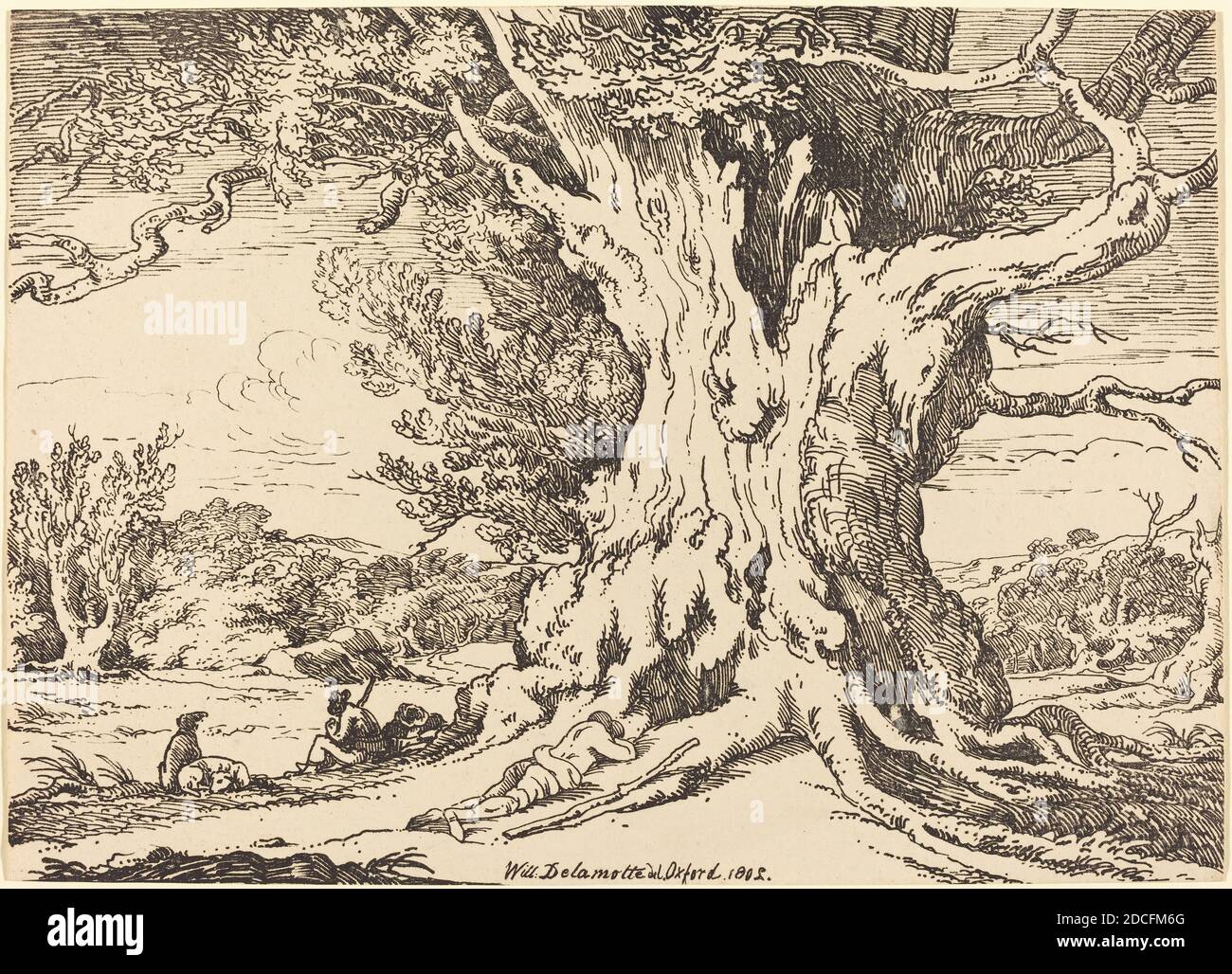 William Alfred Delamotte, (artista), britannico, 1775 - 1863, riposo, uomini e cani sotto un grande albero, esemplari di poliautografia, (serie), 1802, litografia a penna e a tusche Foto Stock