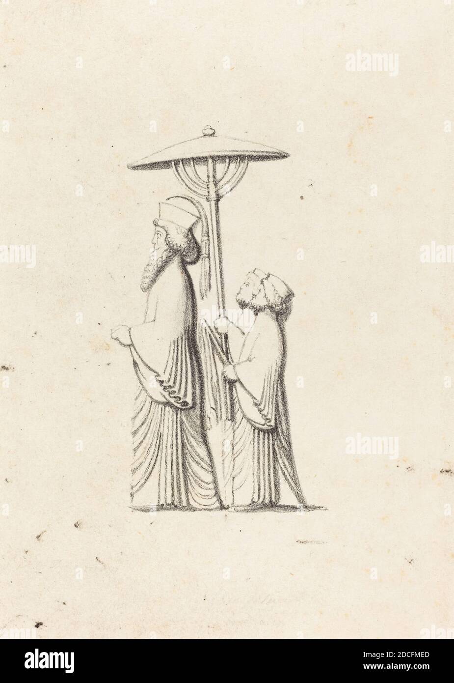 Maria Denman, (artista), inglese, attivo 1812, John Flaxman, (artista dopo), inglese, 1755 - 1826, scultura a Persepolis, da le Bruyn's Travels, Flaxman's 'Lectures on Sculpture:' pl.12, (serie), pubblicato 1829, litografia Foto Stock