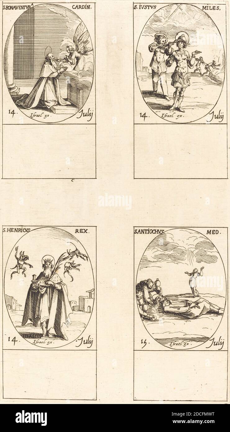 Jacques Callot, (artista), francese, 1592 - 1635, San Bonaventura; San Giustio; San Enrico, Imperatore; San Antioco, il Calendario dei Santi, (serie), incisione Foto Stock