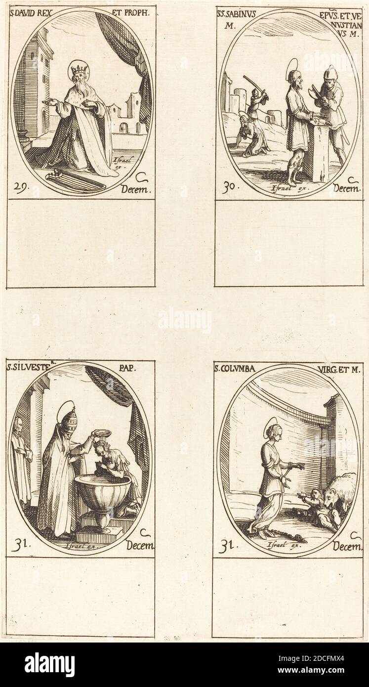 Jacques Callot, (artista), francese, 1592 - 1635, San Davide, Re e Profeta; STS. Sabino e Venustiano; San Silvestro; San Colomba, il Calendario dei Santi, (serie), incisione Foto Stock