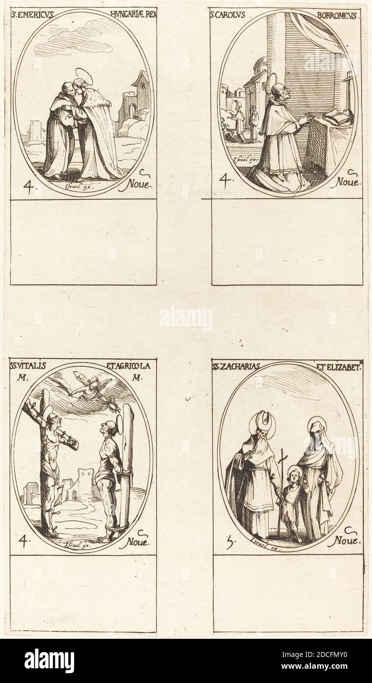 Jacques Callot, (artista), francese, 1592 - 1635, S. EEmerico; S. Carlo Borromeo; S. Vitalis & agricola; S. Zachary & Elizabeth, il Calendario dei Santi, (serie), incisione Foto Stock