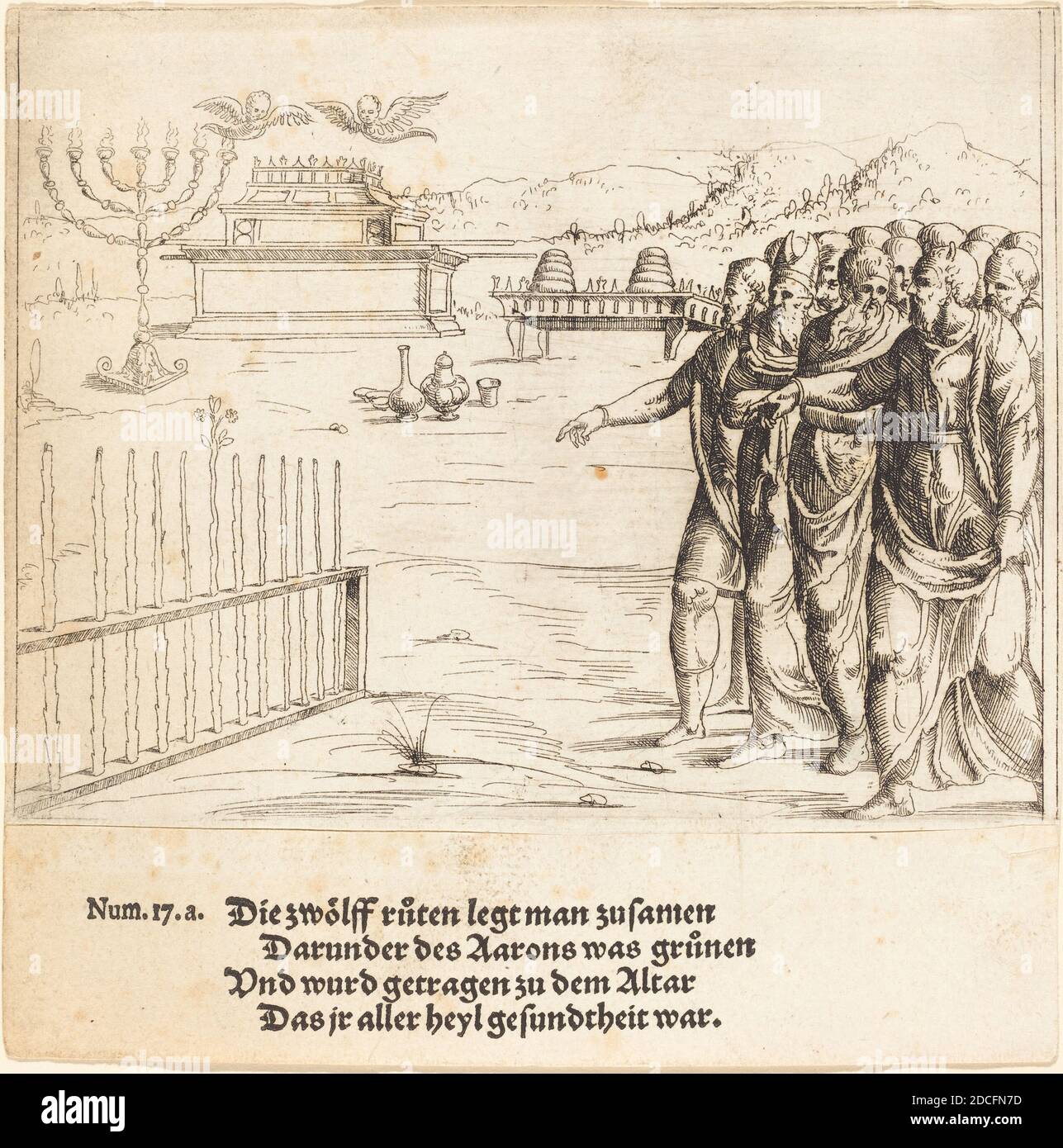 Augustin Hirschvogel, (artista), tedesco, 1503 - 1553, la fioritura di Aaron's Rod, Old e New Testaments concordance, (serie), incisione Foto Stock