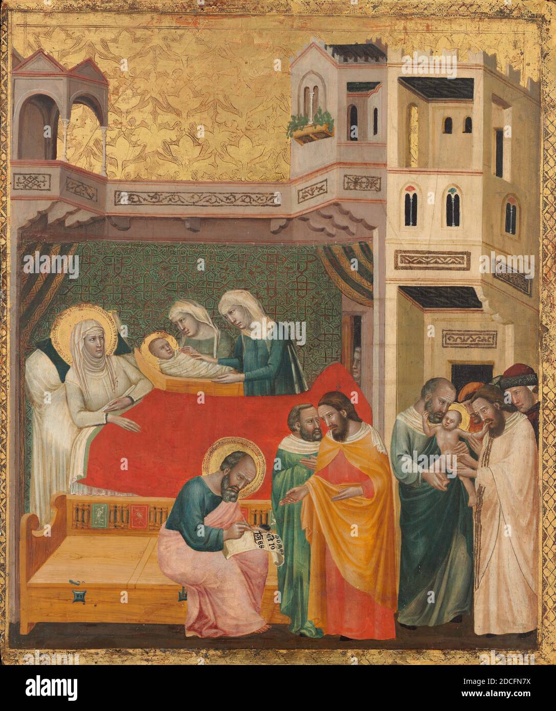 Giovanni Baronzio, (pittore), italiano, attivo c. 1320 - 1350, nascita, Naming e Circumcisione di San Giovanni Battista, c.. 1335, tempera su pannello, superficie verniciata: 46.4 × 38.3 cm (18 1/4 × 15 1/16 poll.), totale: 48.8 × 40.7 cm (19 3/16 × 16 poll.), incorniciata: 55.7 x 48.1 x 5.1 cm (21 15/16 x 18 15/16 x 2 poll. Foto Stock