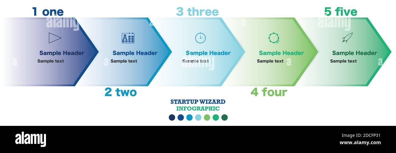 Diagramma di flusso infografico con cinque fasi dello stato di avanzamento di un progetto di avvio. Marketing e SEO disegni e diagrammi Illustrazione Vettoriale