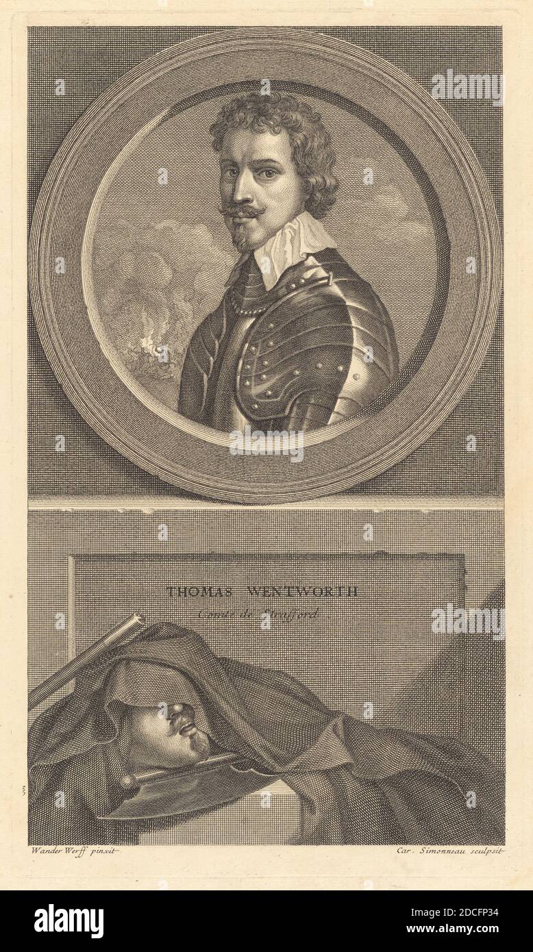 Charles Simonneau, (artista), francese, 1645 - 1728, Sir Anthony van Dyck, (artista dopo), fiammingo, 1599 - 1641, Adriaen van der Werff, (artista dopo), olandese, 1659 - 1722, Thomas Wentworth, Conte di Strafford, incisione su carta posata, piatto: 31.5 × 18.4 cm (12 3/8 × 7 1/4 poll.), foglio: 36.8 × 23.3 cm (14 1/2 × 9 3/16 poll Foto Stock