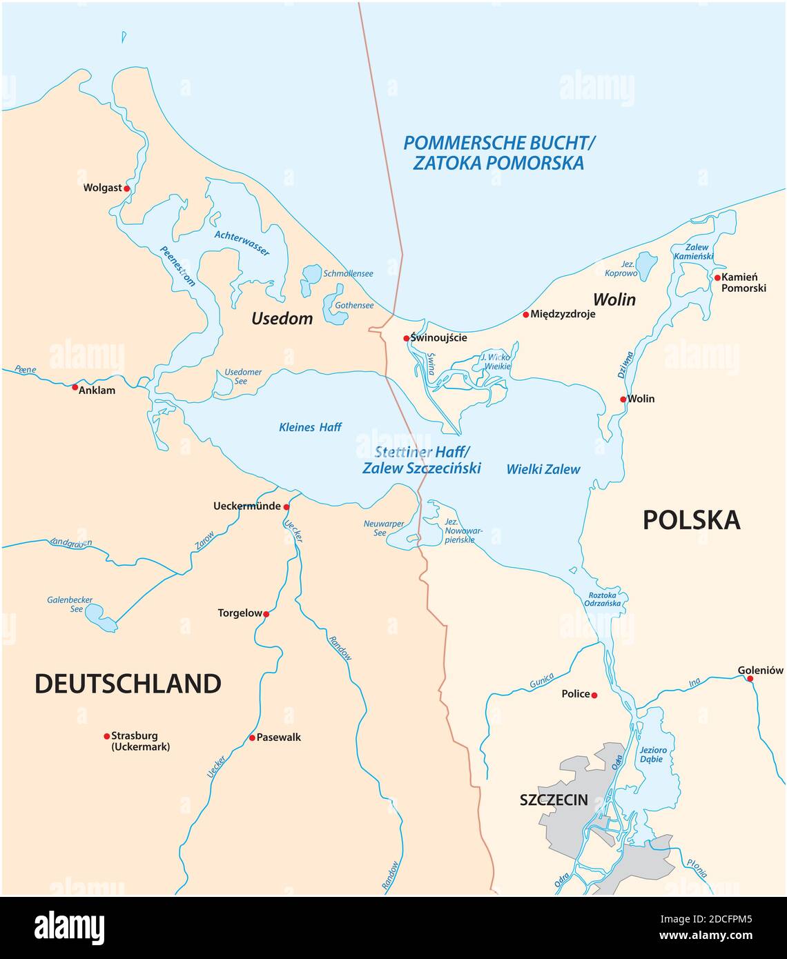 Mappa vettoriale della Laguna di Szczecin nell'estuario del Il fiume Oder nel Mar Baltico Illustrazione Vettoriale