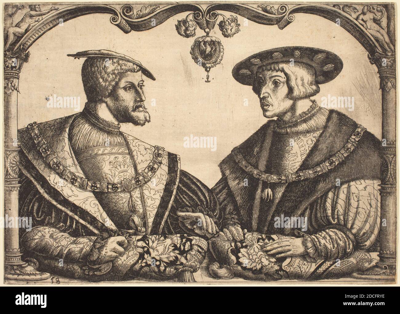 Christoph Bockstorfer, (artista), tedesco, 1490 - 1553, imperatori Charles V e Ferdinando i, incisione (ferro), foglio (rifilato al contrassegno della piastra): 19.9 x 27.6 cm (7 13/16 x 10 7/8 pollici Foto Stock