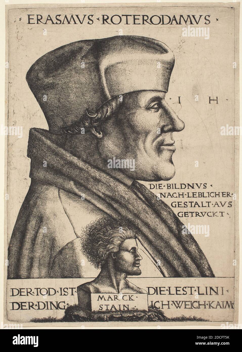 Hieronymus Hopfer, (artista), tedesco, attivo c. 1520 - 1550 o successivi, Erasmus di Rotterdam, incisione, piastra: 21.5 x 15.5 cm (8 7/16 x 6 1/8 in.), foglio: 22 x 16 cm (8 11/16 x 6 5/16 in Foto Stock