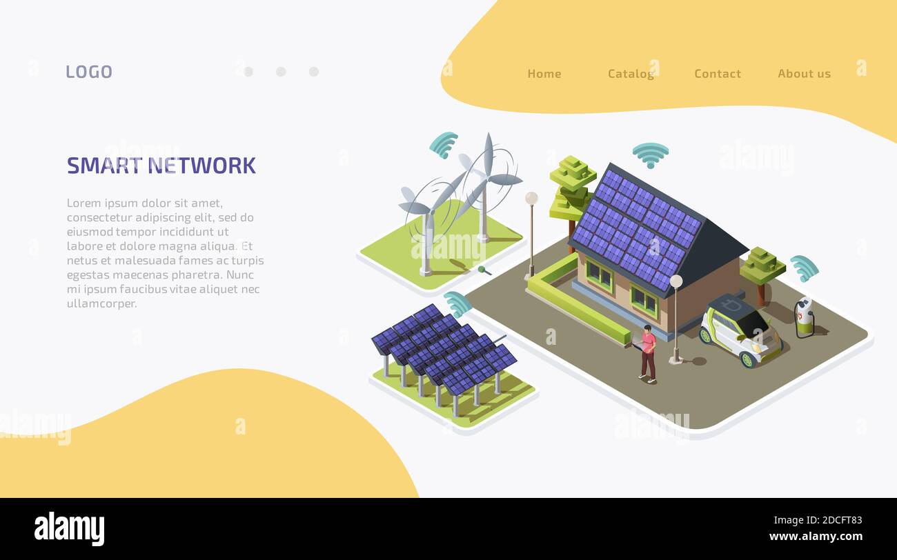 Concetto di tecnologia di rete intelligente. Generatori di energia eolica isometrica e pannelli solari collegati alla casa, fonte di energia alternativa. Pagina di destinazione, modello di sito Web, progettazione di interfacce. Illustrazione Vettoriale