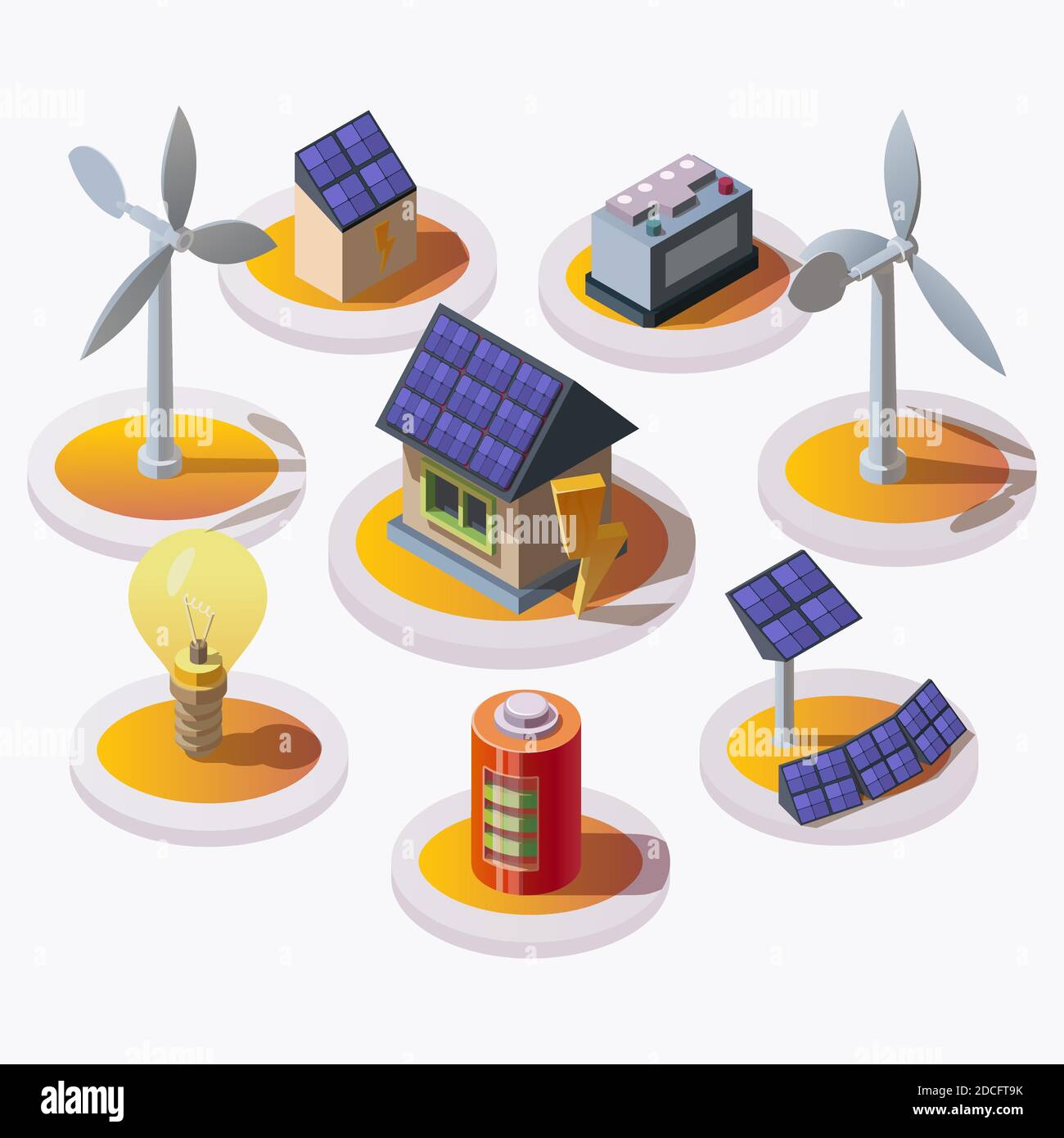 Set isometrico 3d di fonti naturali alternative eco-rinnovabili di energia verde e casa intelligente. Icone di potenza elettrica. Pannello solare, lampadina, mulino a vento Illustrazione Vettoriale