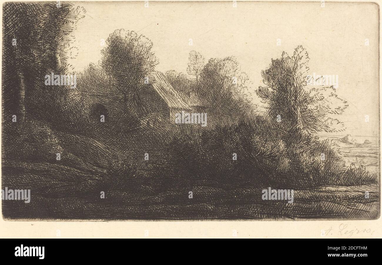 Alphonse Legros, (artista), francese, 1837 - 1911, Vista di una fattoria, 2 ° piatto (la ferme de Bienheureux), incisione Foto Stock