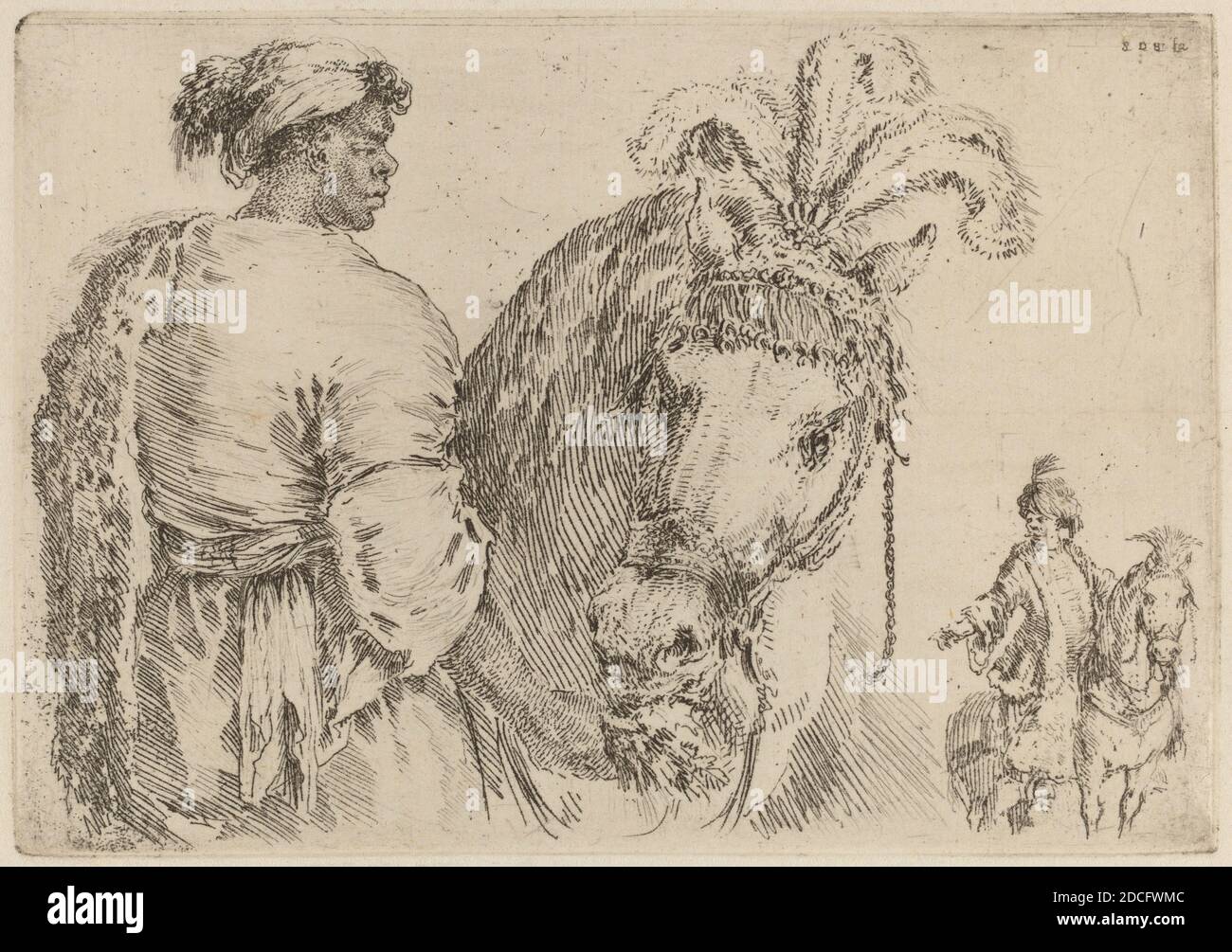 Stefano della Bella, (artista), fiorentino, 1610 - 1664, UN uomo Nero che alimenta un Cavallo, Quadreria Medicea, vol.3 (1986.50.11-108), (serie), probabilmente 1662, che si incise su carta depresso Foto Stock