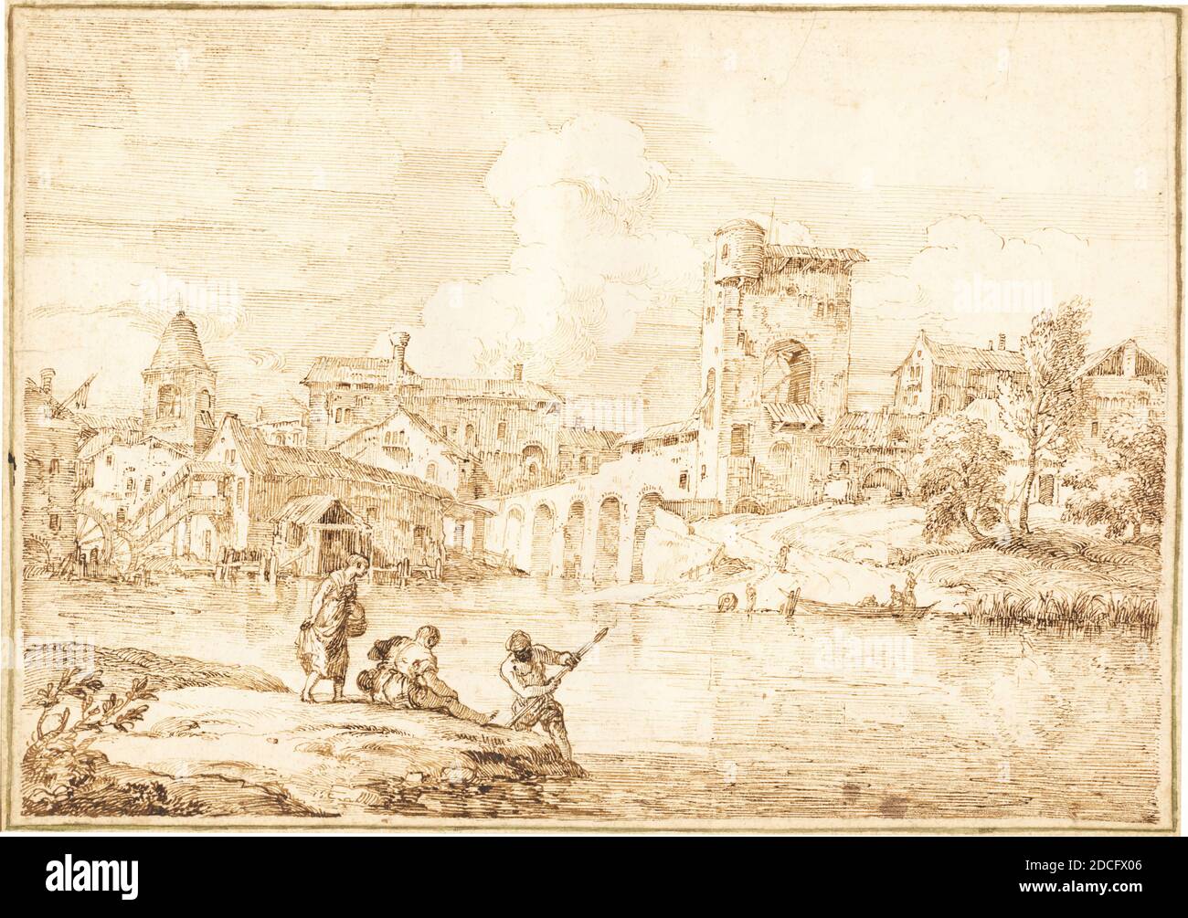 Marco Ricci, (artista), Veneziano, 1676 - 1729, Villaggio fortificato lungo un fiume, 1727/1729, inchiostro a penna e marrone su tracce di grafite; supporto Zanetti, foglio: 26.6 × 37.8 cm (10 1/2 × 14 7/8 in.), supporto: 31.3 x 43 cm (12 5/16 x 16 15/16 in Foto Stock