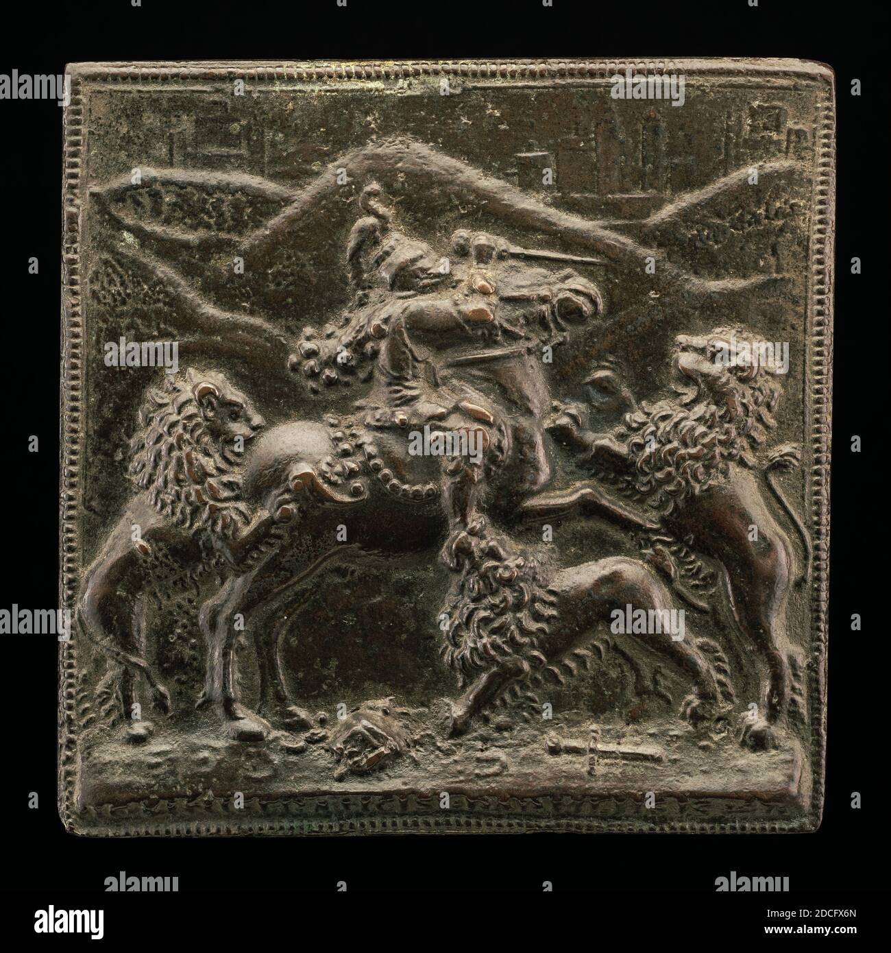 Gianfrancesco Enzola, (artista), Parmese, attivo 1455/1478, un cavaliere attaccato da tre Leoni, patina bronzo/marrone scuro, totale: 7.02 x 6.95 cm (2 3/4 x 2 3/4 pollici), peso lordo: 118.84 gr (0.262 libbre Foto Stock