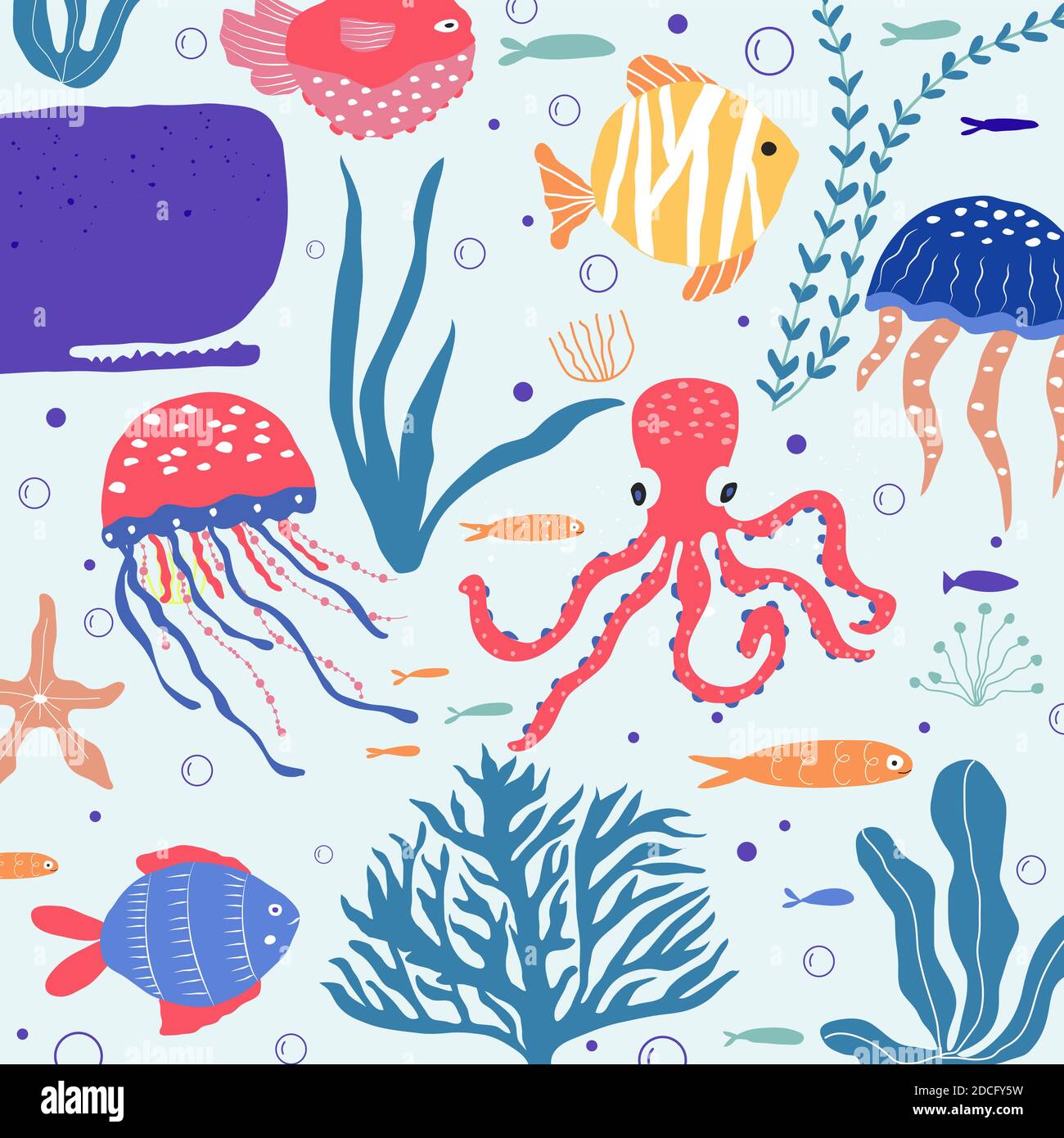Creature sottomarine pesci, meduse, polpi, meduse, piante di mare e coralli, insieme con animali marini per tessuti, tessuti, carta da parati, arredamento vivaio Illustrazione Vettoriale