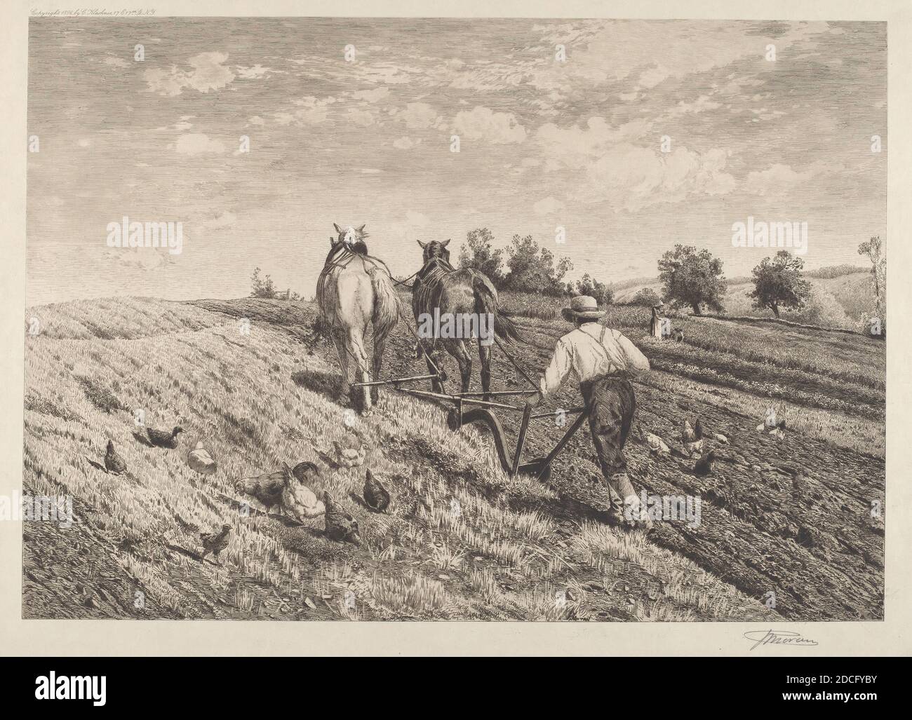 Peter Moran, (artista), americano, 1841 - 1914, Christian Klackner, (editore), americano, 1850 - 1916, The Plowman, 1886, incisione in nero su carta wove, immagine: 33.97 × 48.58 cm (13 3/8 × 19 1/8 pollici), piastra: 43.18 × 55.25 cm (17 × 21 3/4 pollici), foglio: 49 × 64.1 cm (19 5/16 × 25 1/4 poll Foto Stock