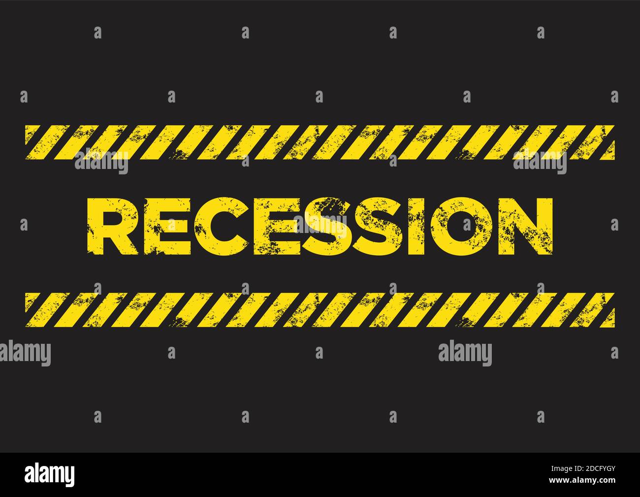 Segnale di emergenza della recessione. Testo del font giallo rotto. Concetto di recessione economica o crisi aziendale. Illustrazione vettoriale in stile minimalismo piatto. Illustrazione Vettoriale
