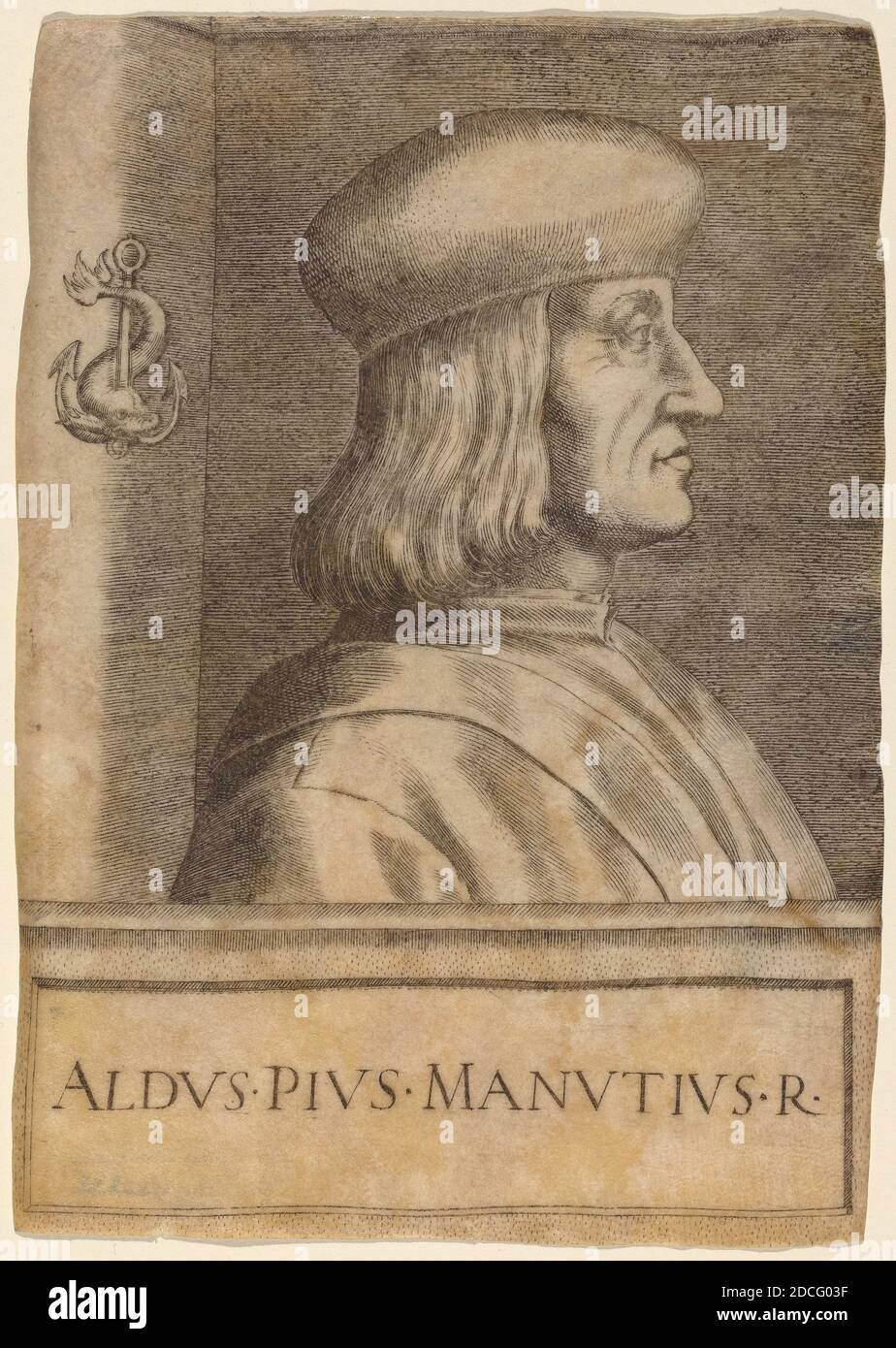 Giulio Campagnola, (artista), Veneziano, 1482 - dopo il 1514, Aldus Pio Manuzio, incisione sul vellum Foto Stock