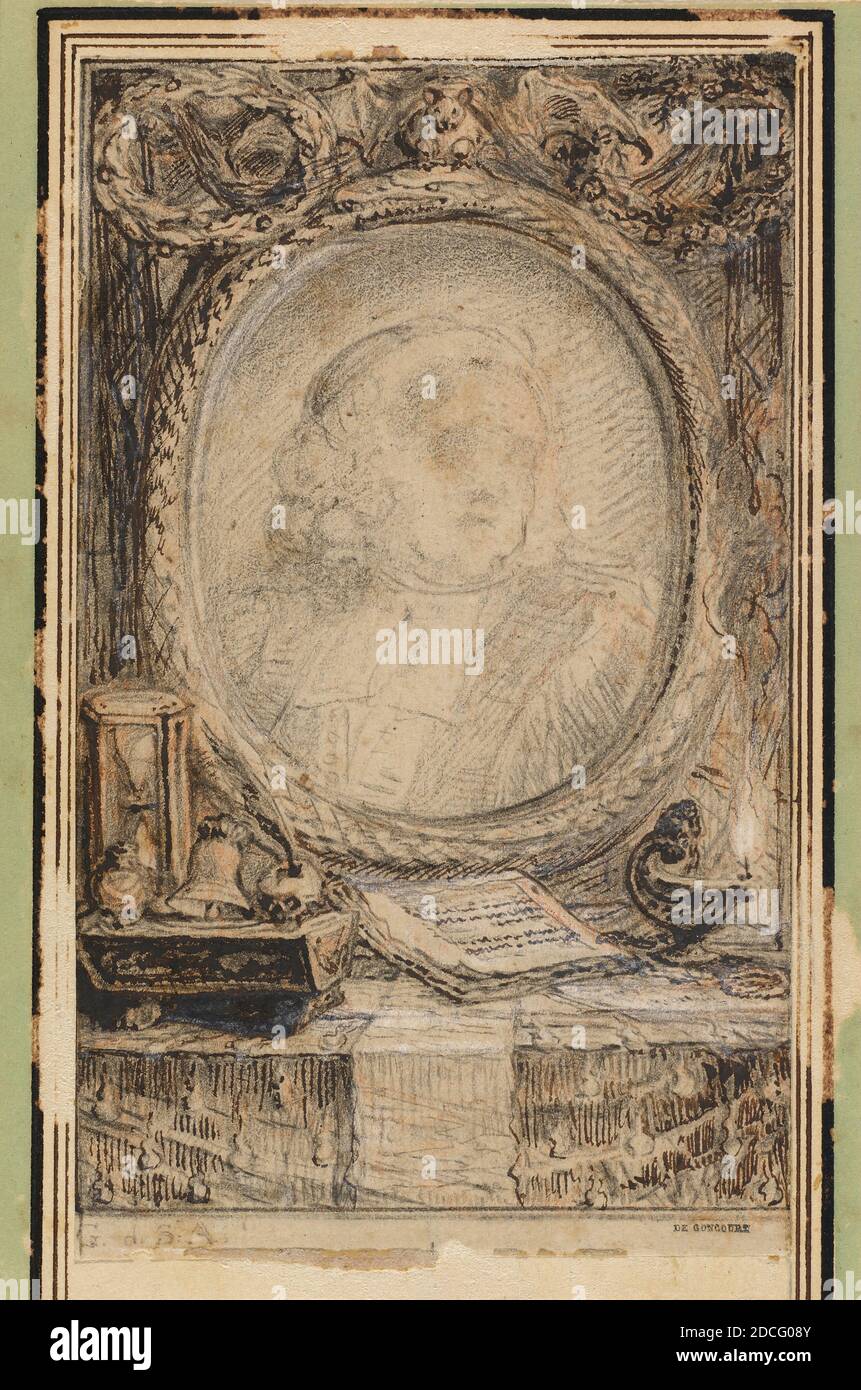 Gabriel de Saint-Aubin, (artista), francese, 1724 - 1780, allegorica cornice con un Bat, c.. 1769, penna e inchiostro marrone scuro su grafite, gesso rosso e gesso nero con tocchi di gesso bianco su carta leso marrone chiaro, con linea di incorniciatura parziale in penna e inchiostro marrone, totale: 13.9 x 8.3 cm (5 1/2 x 3 1/4 in.), supporto: 15.1 x 10.6 cm (5 15/16 x 4 3/16 pollici Foto Stock