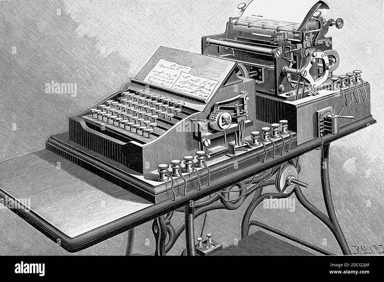 Stampa di telegrafo, macchina da scrivere che trasmette ciò che ha scritto a distanza. Illustrazione antica. 1895. Foto Stock