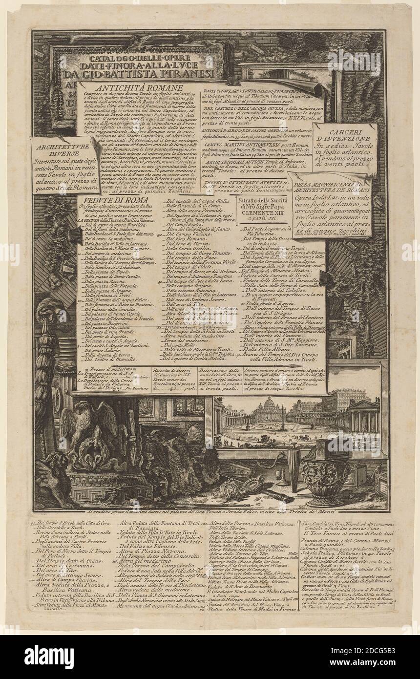 Francesco Piranesi, (autore), italiano, c.. 1758 - 1810, Giovanni Battista Piranesi, (autore), Veneziano, 1720 - 1778, Catalogo delle opere Data Finora alla Lvce da Gio Battista Piranesi, incisione e incisione su carta deposte, piastra: 39.8 x 29.6 cm (15 11/16 x 11 5/8 pollici), foglio: 53.5 x 42.4 cm (21 1/16 x 16 11/16 pollici Foto Stock