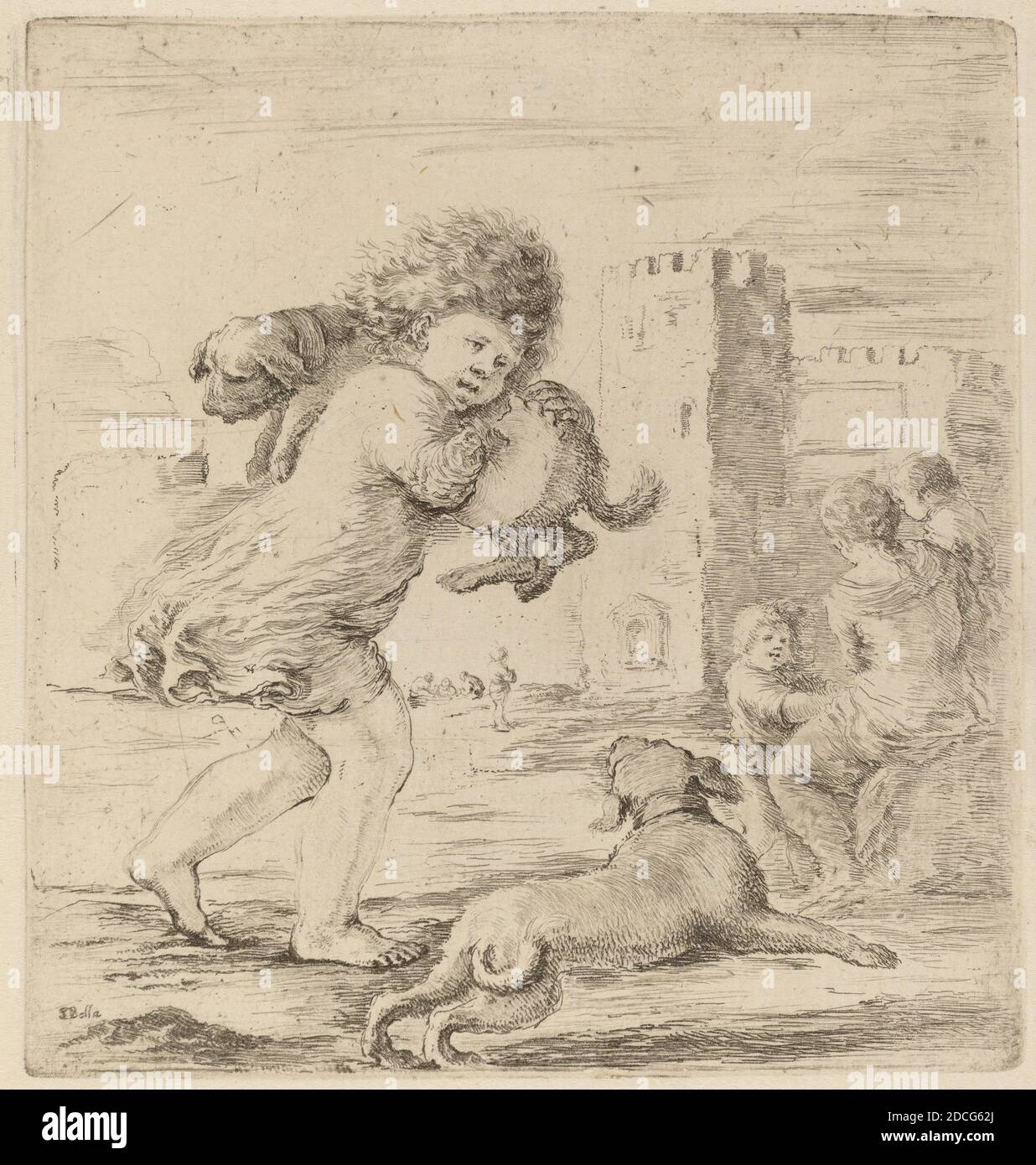 Stefano della Bella, (artista), Fiorentino, 1610 - 1664, Child Holding a Puppy, Quadreria Medicea, vol.3 (1986.50.11-108), (serie), incisione su carta deposte Foto Stock