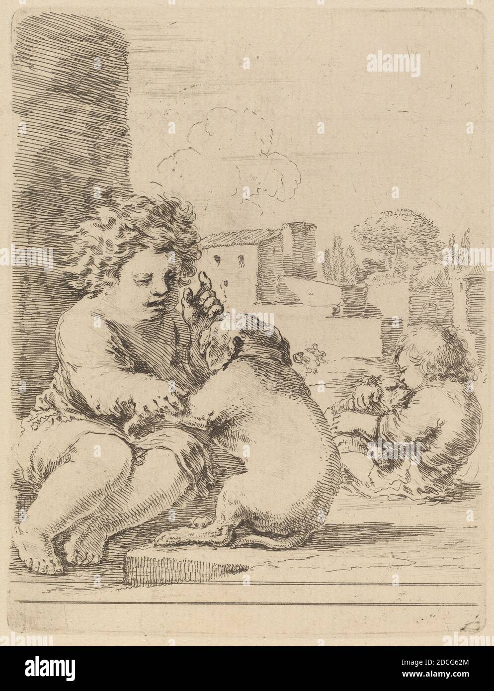 Stefano della Bella, (artista), Fiorentino, 1610 - 1664, Bambino che gioca con un cane, Quadreria Medicea, vol.3 (1986.50.11-108), (serie), incisione su carta deposta Foto Stock
