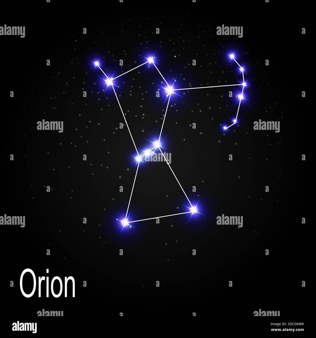 Orion Constellation con belle stelle luminose sullo sfondo di Illustrazione del cielo cosmico Foto Stock