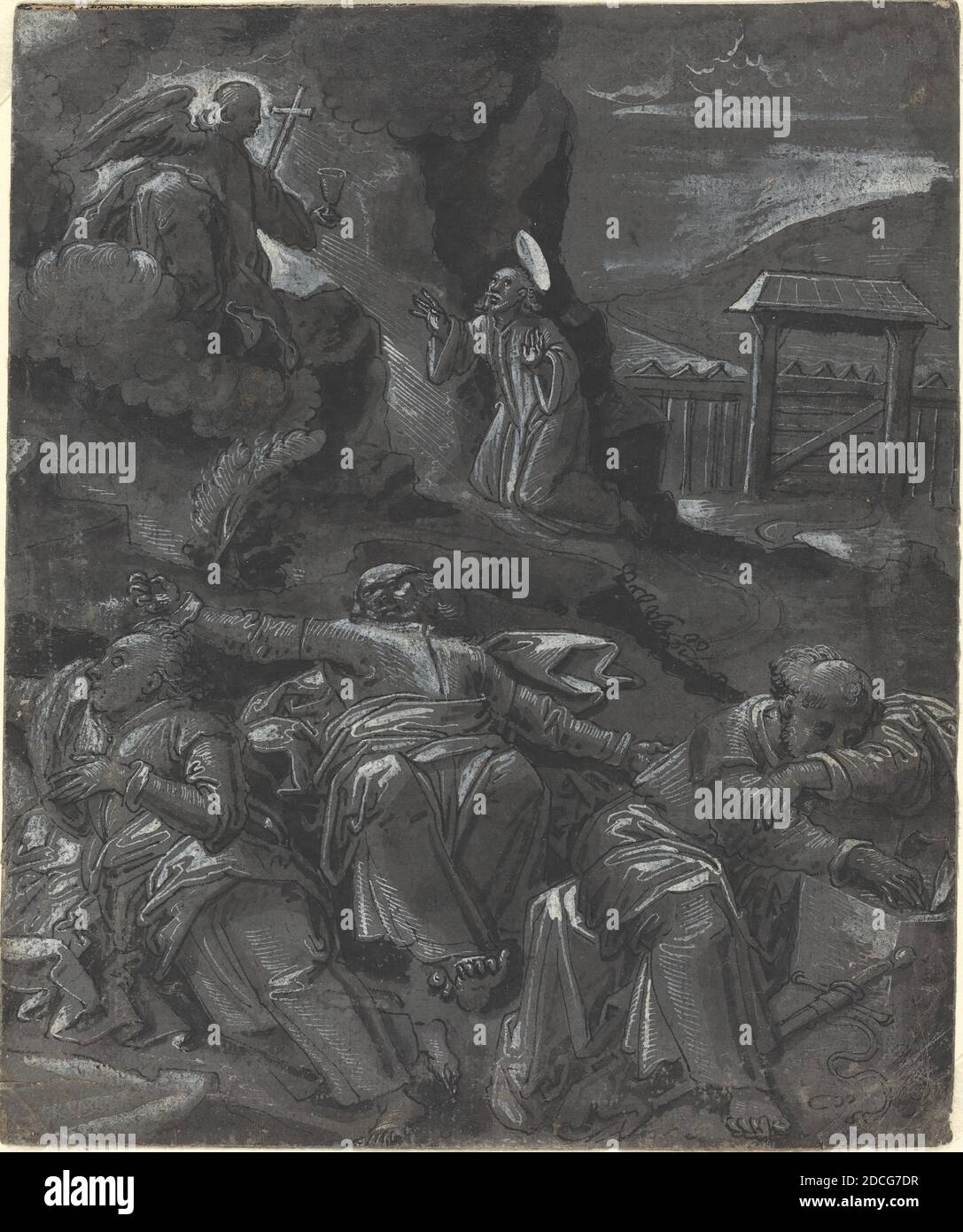 Tedesco 16 ° secolo, (artista), Cristo nel Giardino del Getsemani, uno dei 14 disegni su 8 fogli di soggetti biblici, (serie), c.. 1600, penna e spazzola e inchiostro nero con lavaggio grigio intensificato con carta bianca su carta grigia, totale: 19 x 16 cm (7 1/2 x 6 5/16 pollici Foto Stock