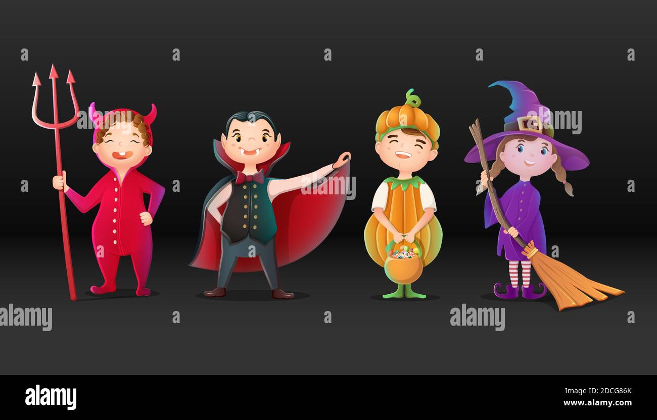 Collezione vettoriale di personaggi di Halloween, diavolo, strega, zucca e Dracula. Illustrazione Vettoriale