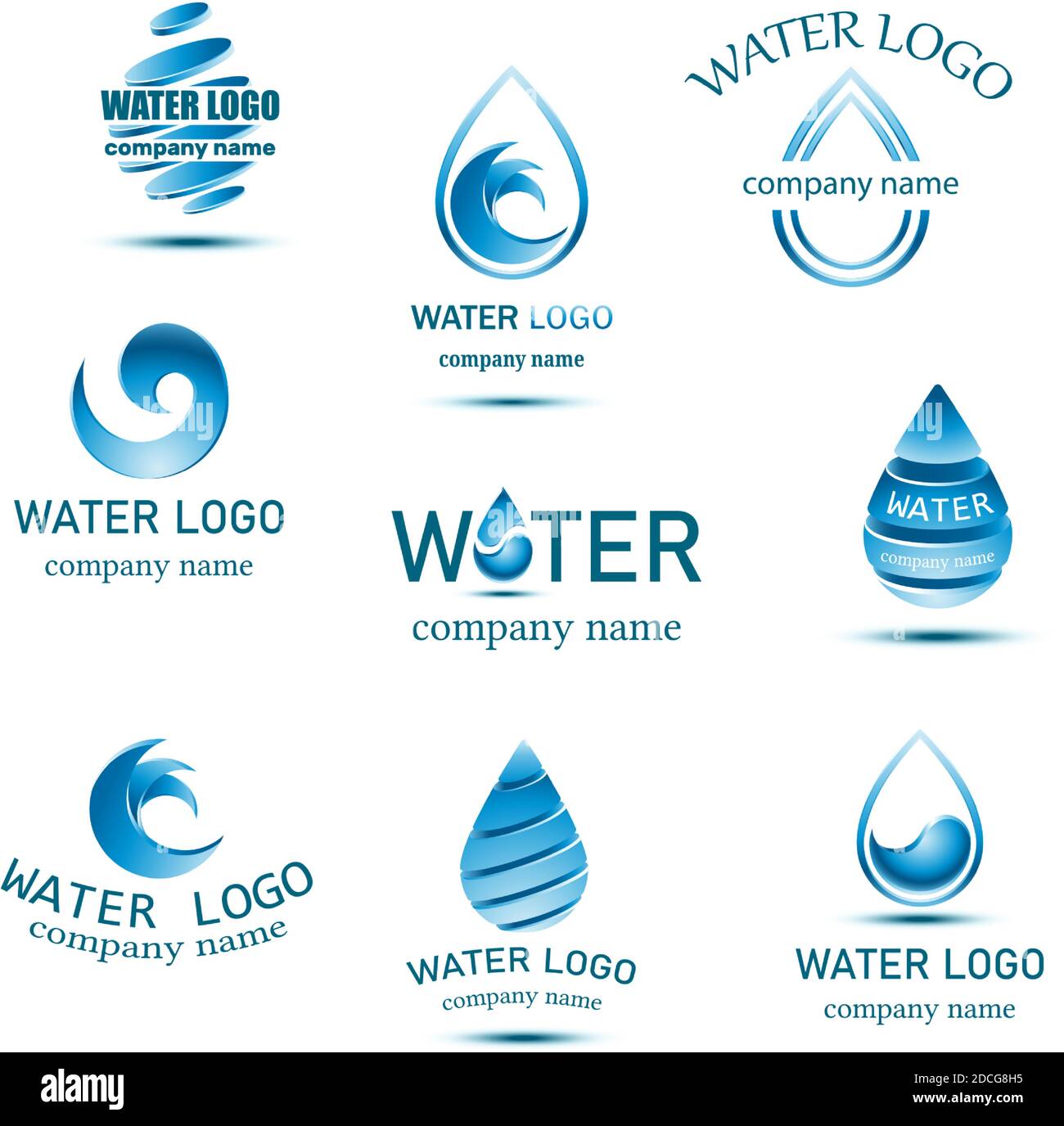 Collezione di logo Vector Blue Mineral Water con gocce e onde. Illustrazione Vettoriale