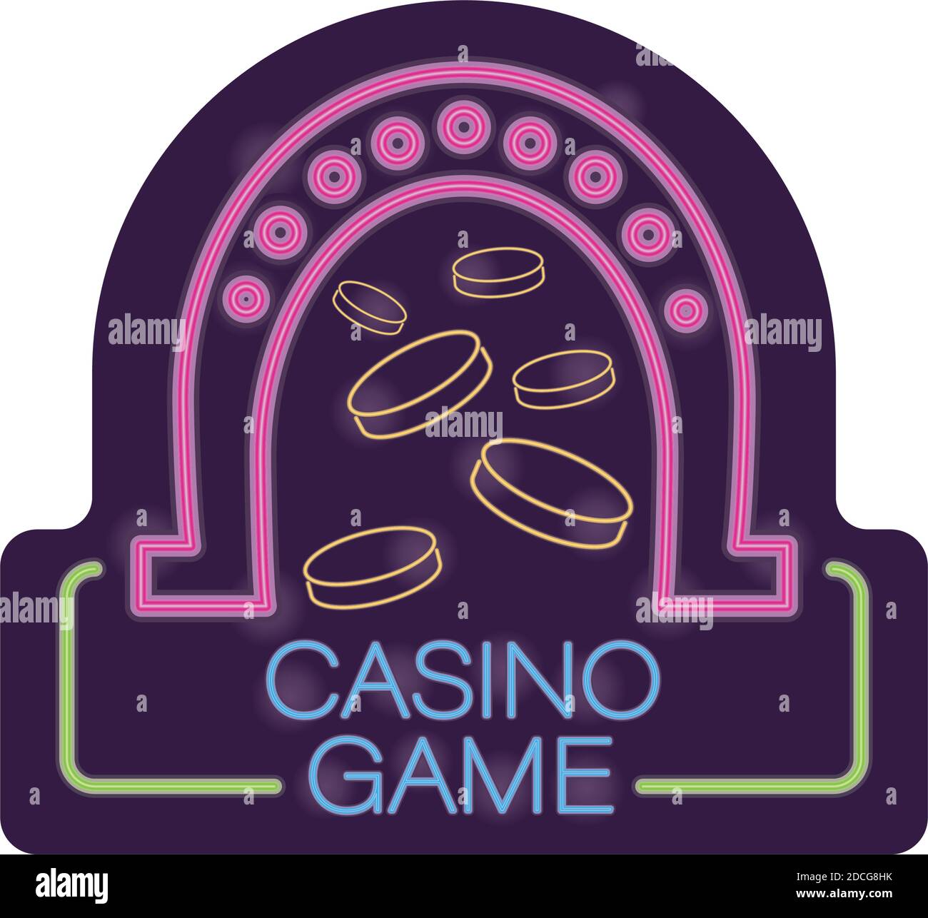 horseshoe e monete gioco del casinò neon luce etichetta vettore illustrazione design Illustrazione Vettoriale