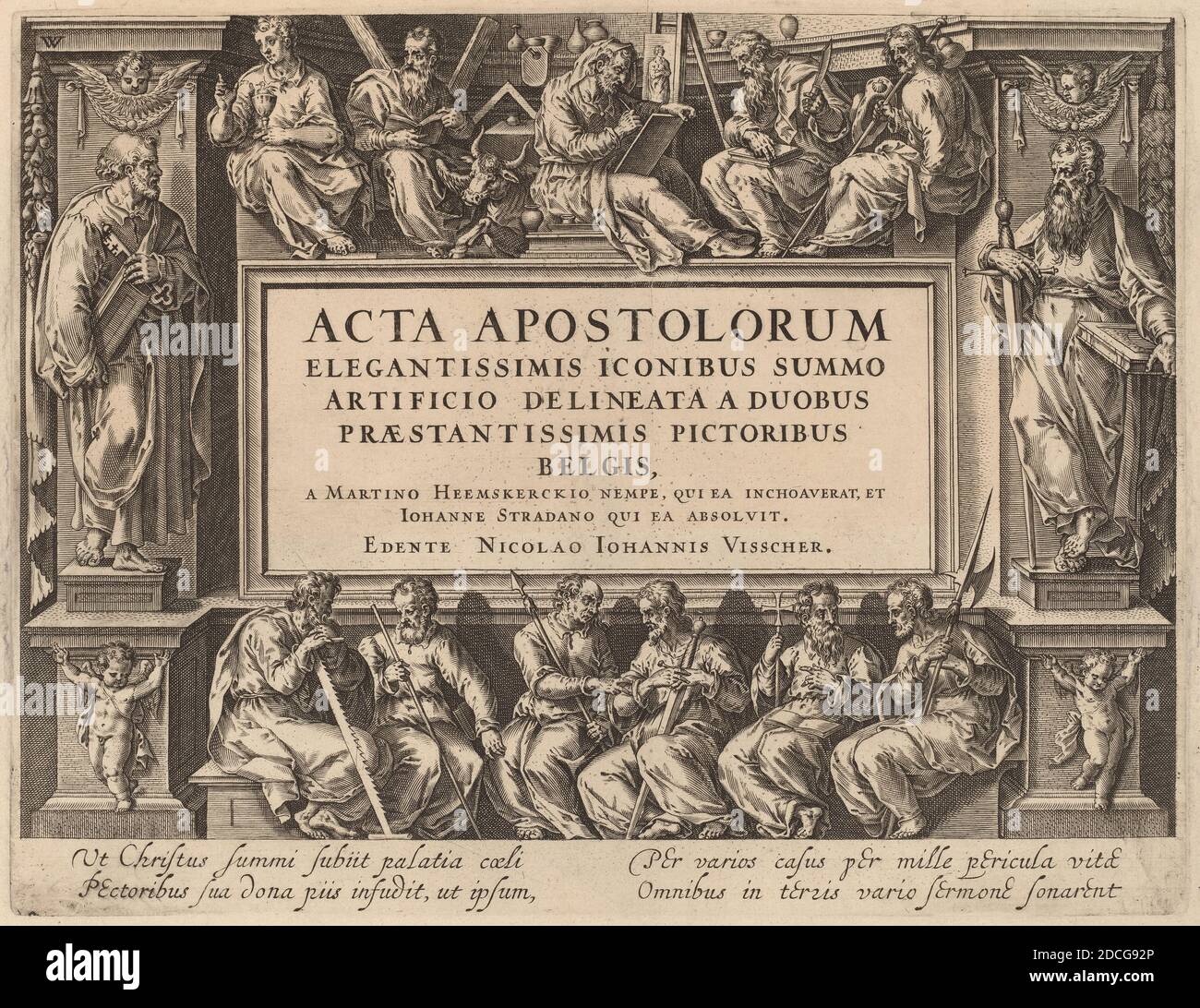Philip Galle, (artista), fiammingo, 1537 - 1612, Jan van der Straet, (artista dopo), fiammingo, 1523 - 1605, Maerten van Heemskerck, (artista dopo), olandese, 1498 - 1574, Title Page, atti degli Apostoli, (serie), incisione Foto Stock