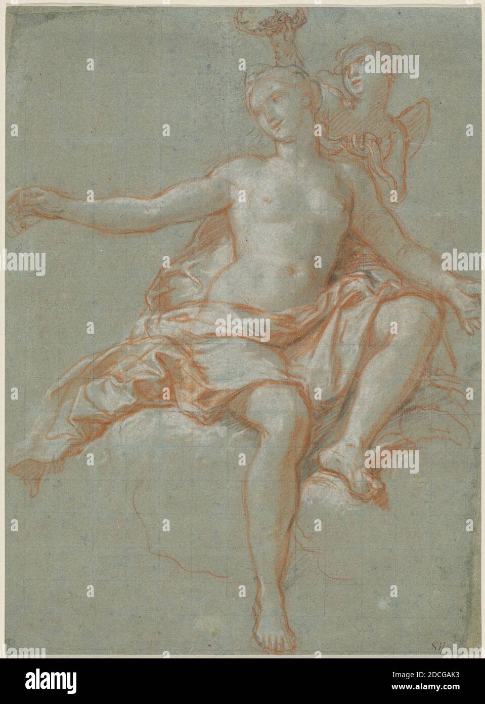 Antoine Coypel, (artista), francese, 1661 - 1722, Cupido rubando la corona floreale di Venere, 1705/1708, rosso-arancio, bianco e gesso nero, squadrato per il trasferimento in gesso nero, su carta deposta blu; totale: 32.9 x 24.1 cm (12 15/16 x 9 1/2 pollici Foto Stock