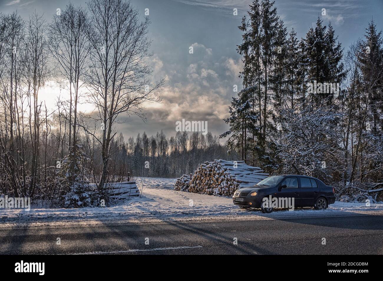 I boschi in gelo. Paesaggio invernale. Legno fresco. Gli alberi coperti di neve. Macchina lungo la strada Foto Stock