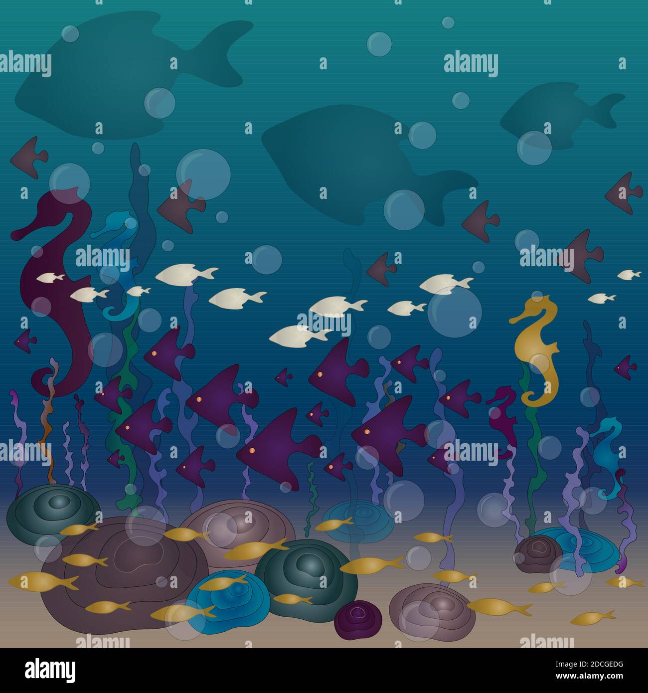 Fondale marino con pesci, rocce e alghe. Scalari, cavallucci marini e piccole scuole di pesci nuotano in una direzione Illustrazione Vettoriale