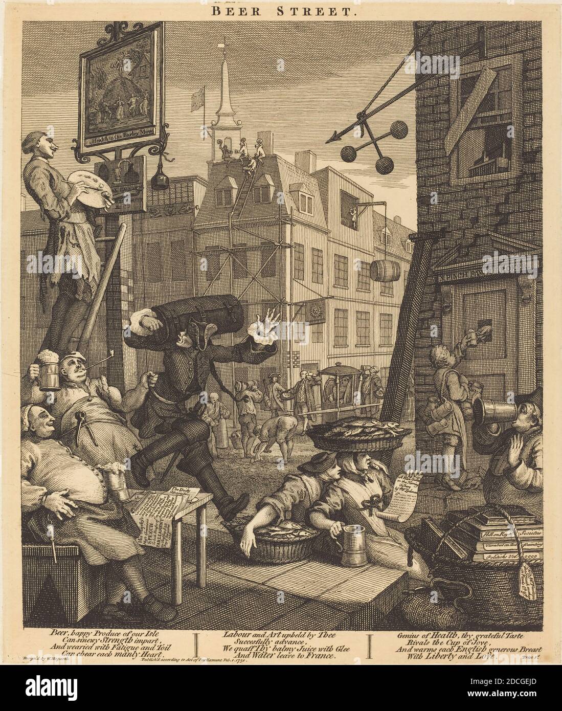 William Hogarth, (artista), inglese, 1697 - 1764, Beer Street, Beer Street e Gin Lane, (serie), 1751, incisione e incisione Foto Stock