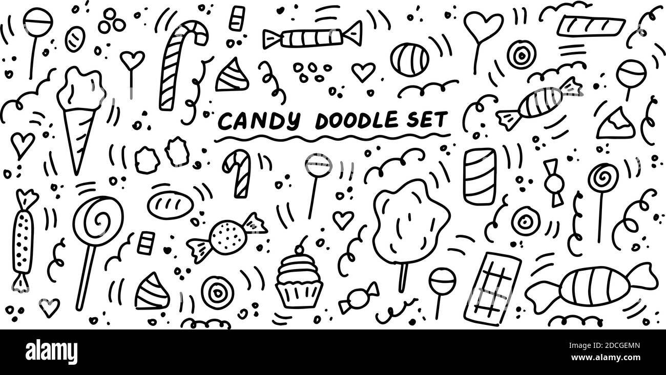Candy Doodle Set. Linee disegnate a mano cartoni animati raccolta. Gommosa, dolce, zucchero, cioccolato, caramello, Lollipop, gelatina, marmellata. Collezione icone vettoriali i Illustrazione Vettoriale