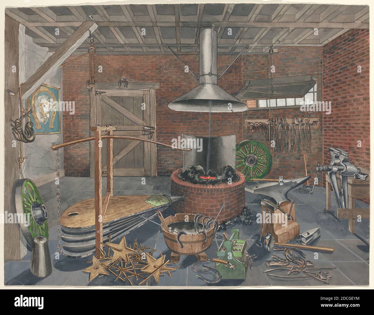 Perkins Harnly, (artista), americano, 1901 - 1986, Blacksmith Shop, 1935/1942, acquerello, gouache, penna e inchiostro, e grafite su carta, totale: 51 x 67 cm (20 1/16 x 26 3/8 pollici Foto Stock