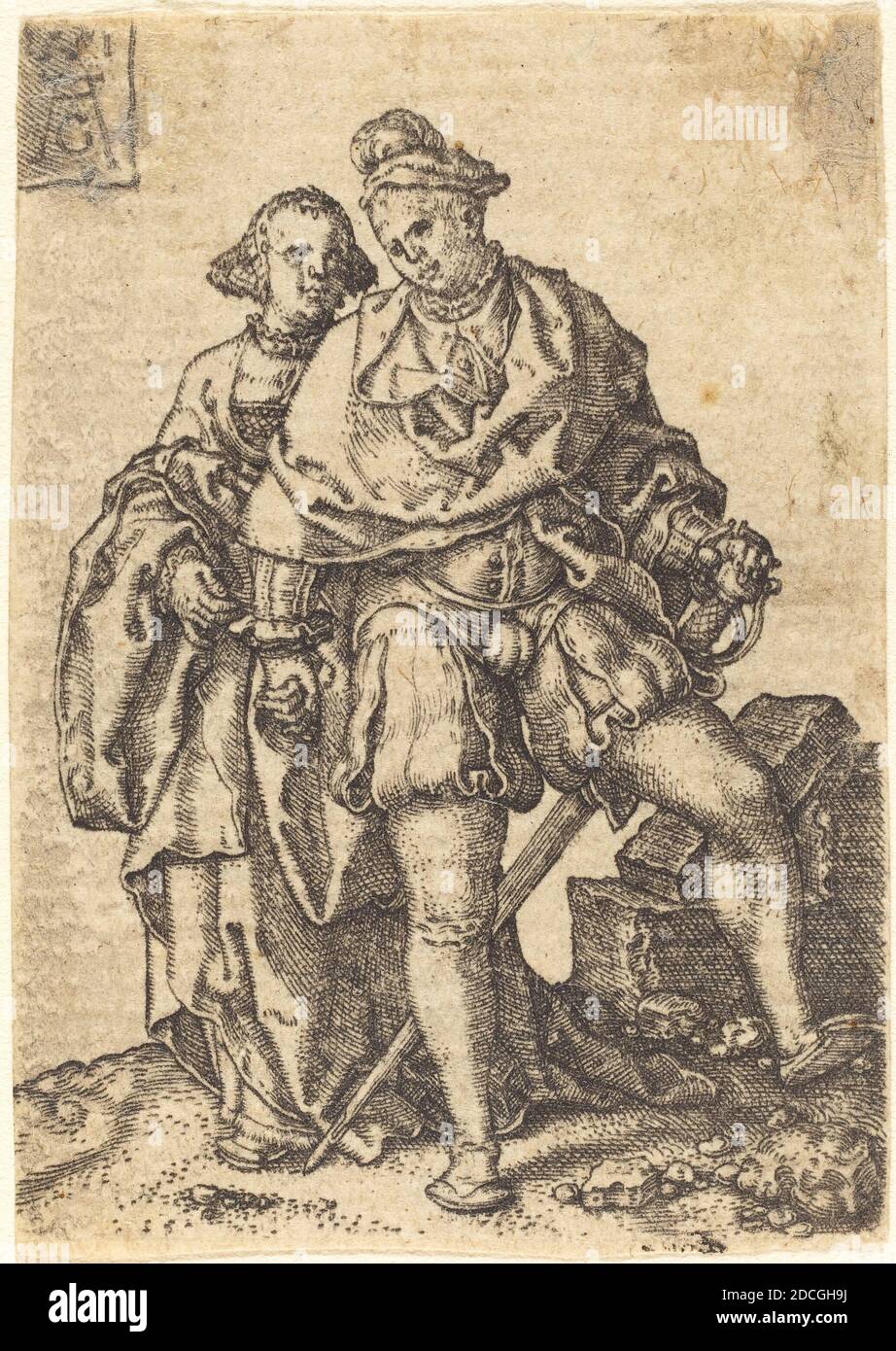 Heinrich Alsgrver, (artista), tedesco, 1502 - 1555/1561, Coppia danzante, piccoli ballerini di nozze, (serie), 1551, incisione Foto Stock