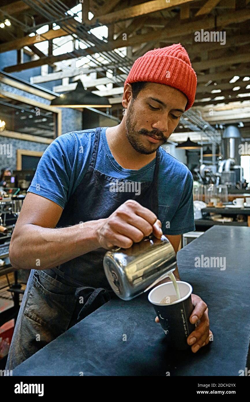 STATI UNITI / California / San Francisco /Coffee Style / al Four Barrel Coffee un barista sta versando un caffè artigianale. Foto Stock