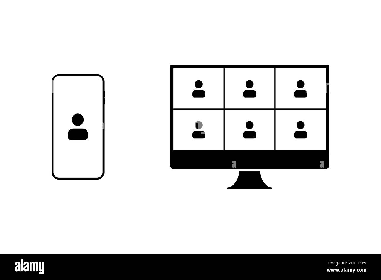 Icona vettore di videochiamata sul telefono e sul pc. Illustrazione Vettoriale