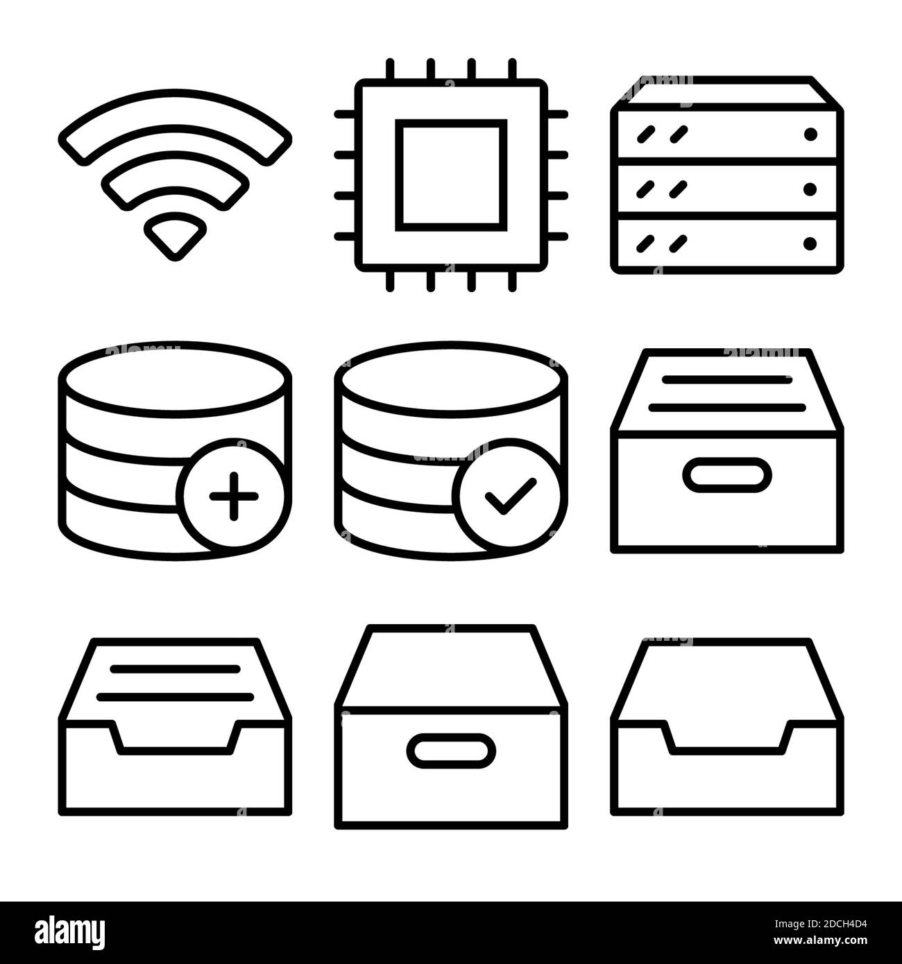 Database delle icone di linea più meno il server di disegno del processore Foto Stock