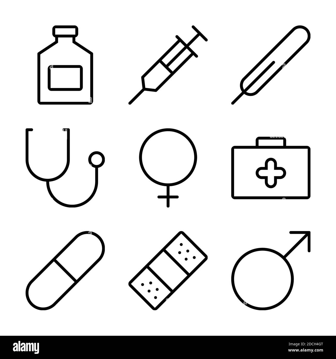 Icone vettoriali di linea medico sesso stetoscopio scatola maschio femmina Foto Stock