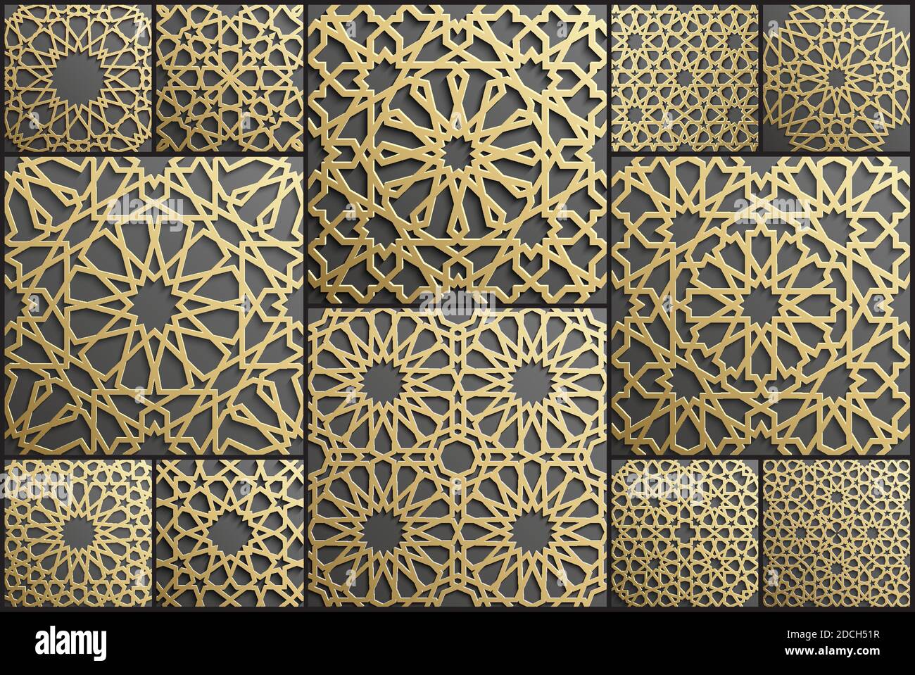 Set di motivi 3D Gold islamic art. Motivo islamico modello. Ramadan kareem vettore. Design ornamento ottomano cerchio musulmano. Sfondo 3D eid. Illustrazione Vettoriale