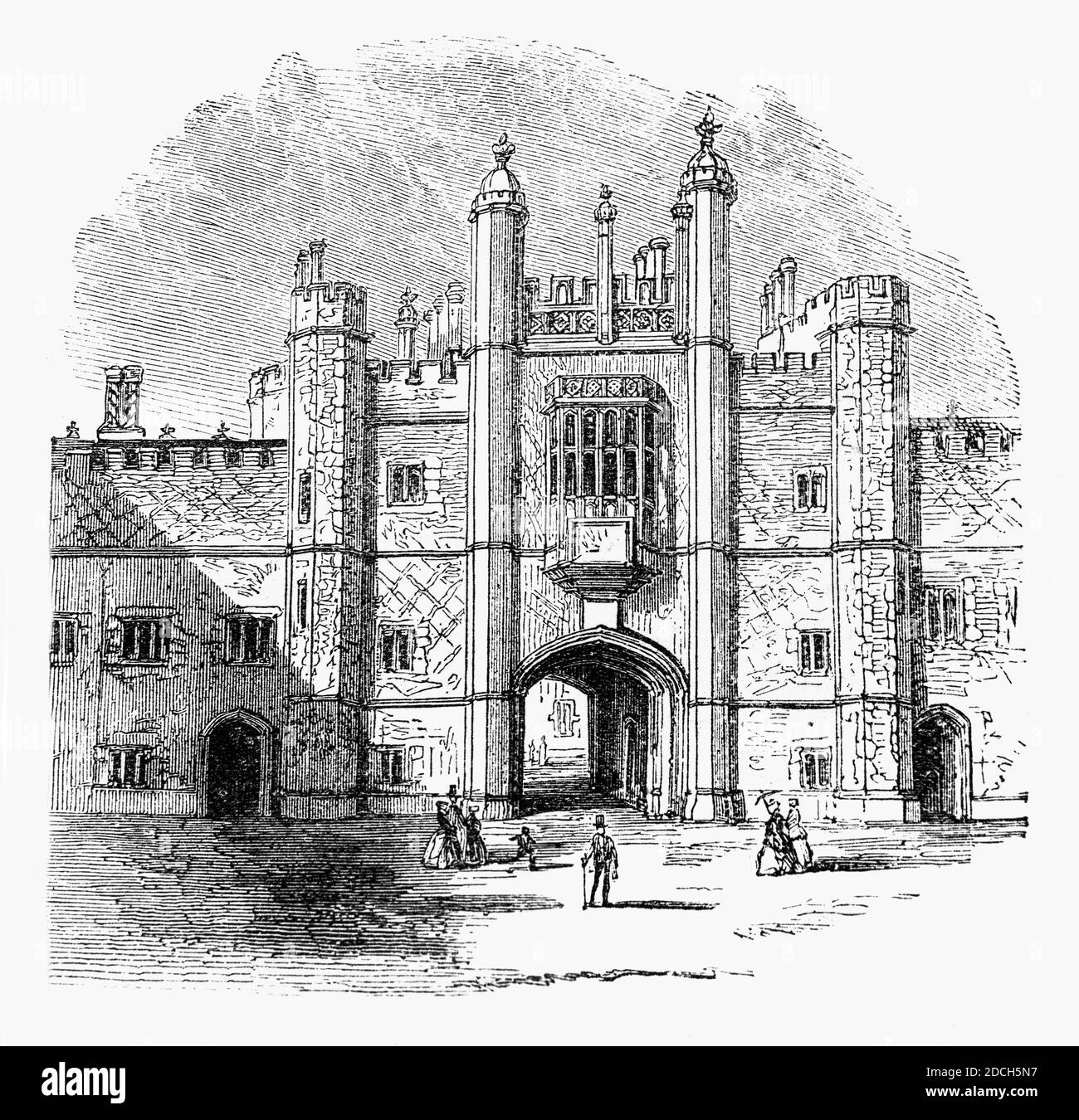Una vista del XIX secolo della porta d'ingresso all'Eton College fondata nel 1440 da Re Enrico VI. Si tratta di una scuola indipendente di 18–13 per ragazzi nella parrocchia di Eton, vicino a Windsor nel Berkshire, Inghilterra. Foto Stock