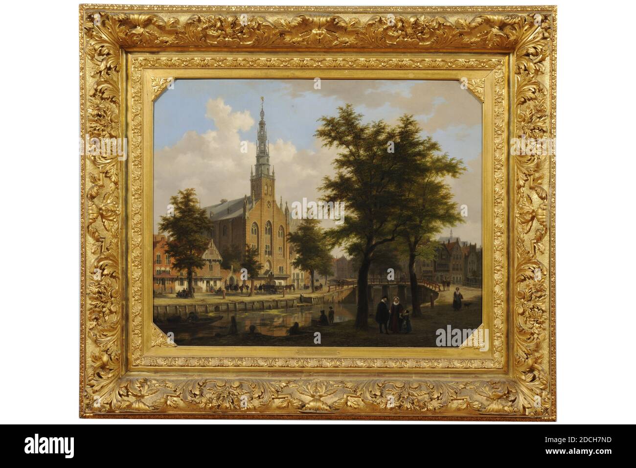 Pittura, Bartolomeo Johannes van Hove, 1861, Signature anteriore, in basso a destra: B.J. van Hove 1861, tela, dipinto ad olio, dimensioni complessive secondo il catalogo 1983: 67 x 82,5 cm 670 x 825 mm, con cornice: 101.4 × 115.5 × 10cm 1014 × 1155 × 100mm, barca a remi, canale, donna, paesaggio urbano , uomo, albero, bambino, Leida, dipinto raffigurante il Saaihal a Leida, in parte fantasizzato sullo Steenschuur in direzione nord-ovest. A sinistra si trova il Saaihal, così come le piazzole adiacenti, con una tenda. Le facciate hanno un carattere tardo medievale e rinascimentale. Nel mezzo una vista al Nieuwe Foto Stock