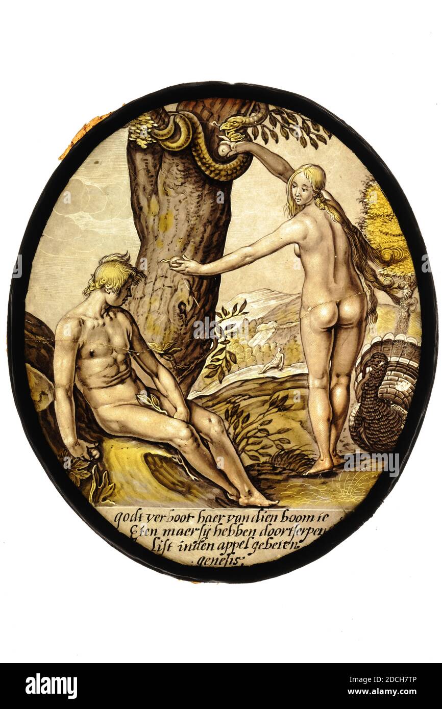 Vetro, Anonimo, prima metà 17 ° secolo, vetro, piombo, Generale: 25.2 x 21.5cm 252 x 215mm, rappresentazione biblica, paesaggio di montagna, vetro ovale con una rappresentazione in vetro colorato di Adamo ed Eva, dal libro bibbia Genesi. EVA si trova a destra di un albero e raccoglie due mele dall'albero. Ne dà uno ad Adamo, che è seduto di fronte all'albero. A destra di Eva un tacchino e un serpente nell'albero. In lontananza un paesaggio montano con una terza figura. Sotto l'immagine il testo scritto a mano: Dio la proibì di mangiare da quell'albero ma lei bit la mela da Serpent List Foto Stock