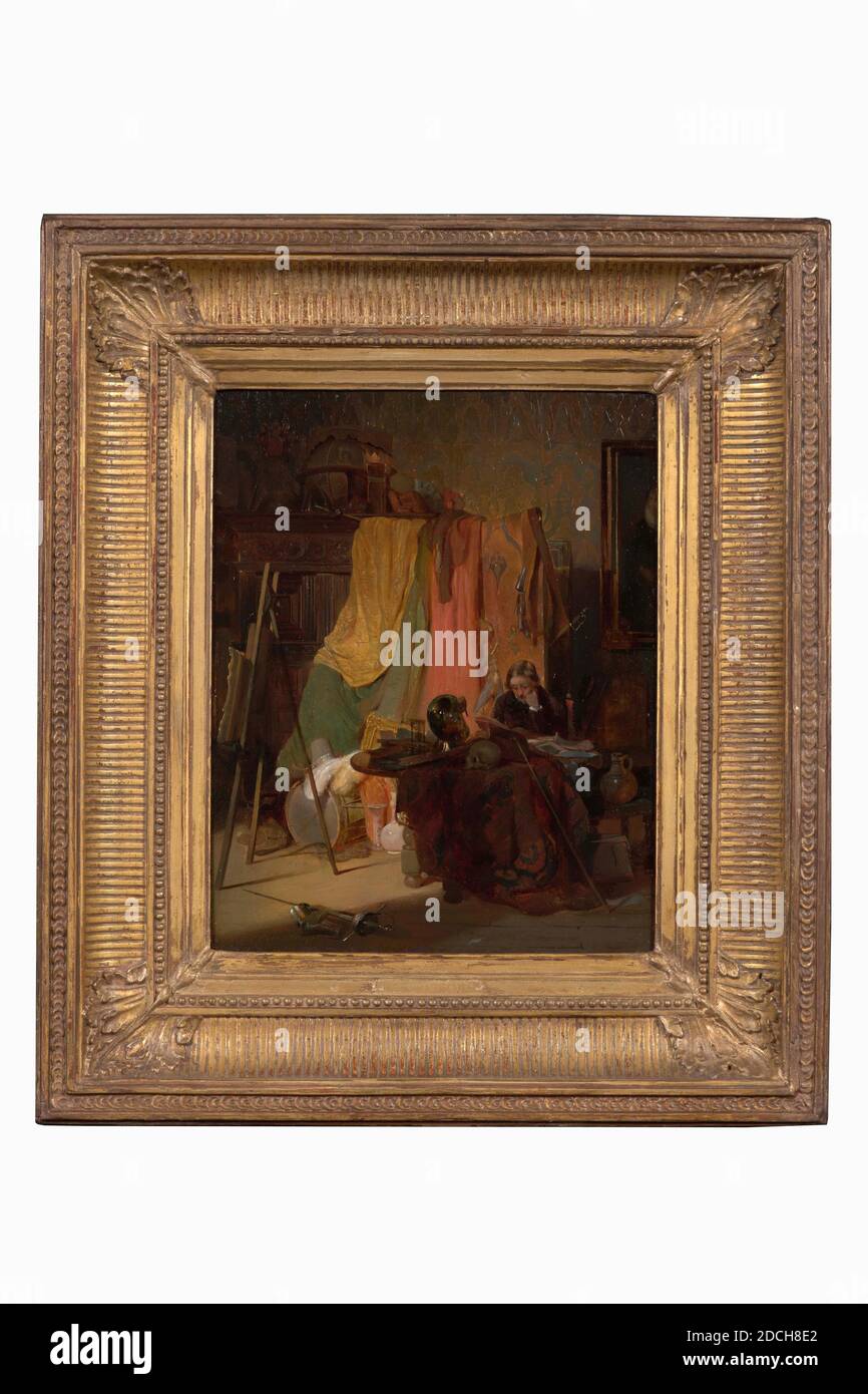 Pittura, Jacobus Ludovico Cornet, c. 1840, pannello, dipinto ad olio, dipinto, supporto: 25.5 × 21.6 × 1cm 255 × 216 × 10mm, con cornice: 39 × 36 × 2.5cm 390 × 360 × 25mm, pittura , uomo, interno, studio, pittura raffigurante l'interno di uno studio di pittura. In una stanza semplice, con pareti imbiancate e a sinistra una finestra alta con una tenda verde aperta, si siede un po' a destra del centro, in una poltrona alta, tre quarti girati a destra, un pittore sul suo cavalletto. Indossa delle basette ed è vestito con un vestito nero. A destra del cavalletto è presente un armadio in vetro incorporato. Sono appesi sei dipinti Foto Stock