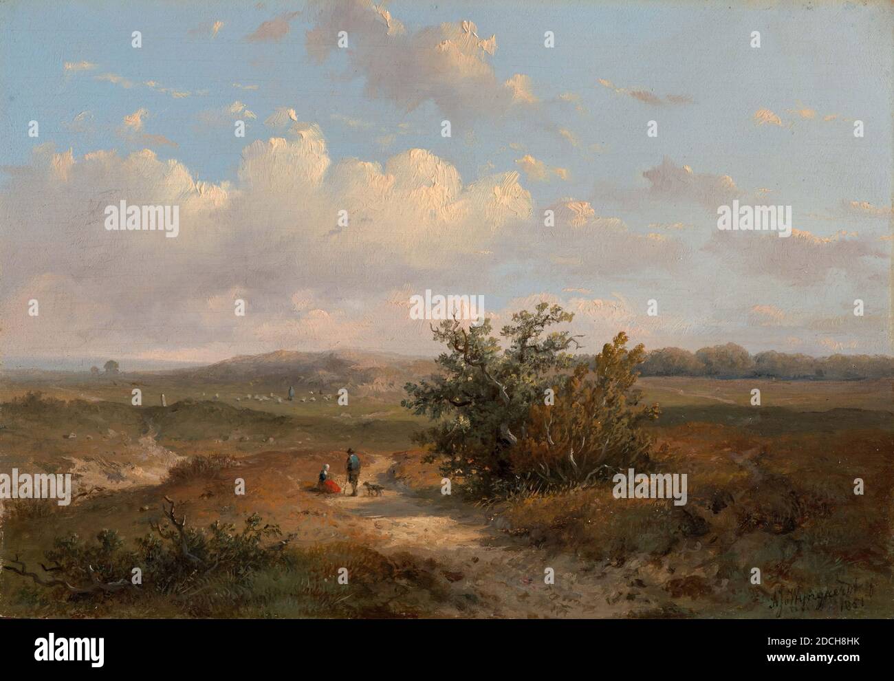 Pittura, Anthonie Jacobus van Wijngaerdt, 1851, Signature anteriore, in basso a destra: AJ v. Wijngaerdt f 1851, pannello, vernice ad olio, verniciata, supporto: 16.6 × 24 × 1cm 166 × 240 × 10mm, con cornice: 36.5 × 43, 8 × 5cm 365 × 438 × 50mm, paesaggio, donna, cane, uomo, pittura raffigurante un paesaggio collinare. In primo piano a destra c'è un grande arbusto. A sinistra del cespuglio è una strada sterrata sulla quale una donna con una gonna rossa si siede con un uomo in piedi con un cane. L'uomo sta appoggiandosi su un bastone da passeggio. Sullo sfondo c'è un gregge di pecore. Il pendio collinare è sgarbato e contiene alberi. Firmato in basso a destra. Il dipinto è Foto Stock
